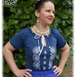 "Radiant Zala" bow-tie blouse, short-sleeved, blue