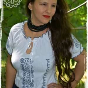"Barberry" bow-tie blouse, short-sleeved, white-blue
