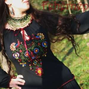 "Flowers of Rábaköz" bow-tie blouse, long-sleeved, black