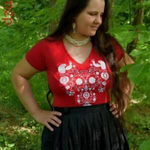 "Flowers of Rábaköz" top, short-sleeved, red-white