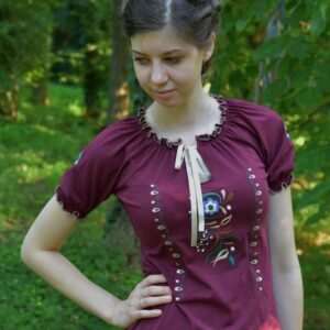 "Zala Flower" bow-tie blouse, short-sleeved, burgundy