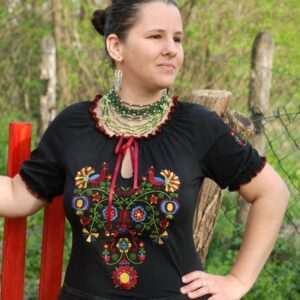 "Flowers of Rábaköz" bow-tie blouse, short-sleeved, black
