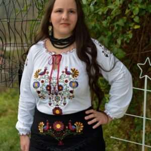 "Flowers of Rábaköz" bow-tie blouse, long-sleeved, white