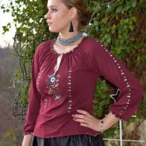 "Zala Flower" bow-tie blouse, long-sleeved, burgundy