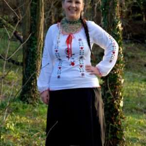 "Csángó Flower" bow-tie blouse, long-sleeved, white