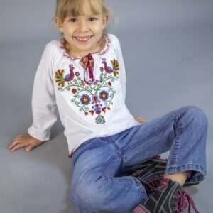 "Little Flowers of Rábaköz" bow-tie blouse, long-sleeved, white