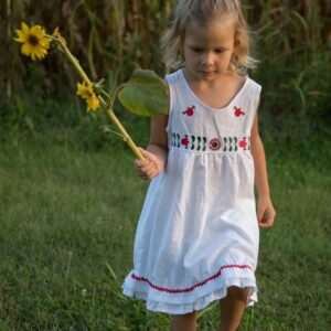 "Country Lass" dress, white, Csángó pattern