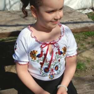 "Little Flowers of Rábaköz" bow-tie blouse, short-sleeved, white