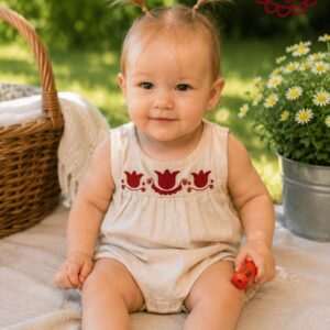 "Little Flowers of Mezőség" gauze bodysuit, beige-red