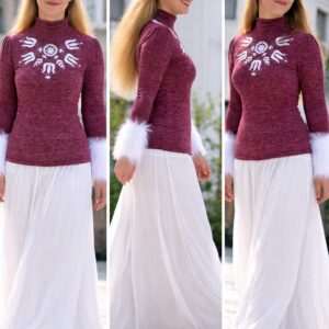"Flowers of Kalotaszeg" fur-trimmed turtleneck
