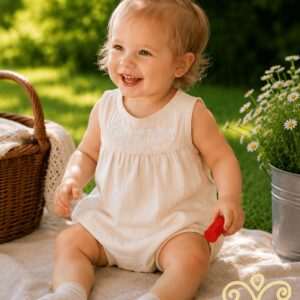 "Little Zala Flower" gauze bodysuit, beige-white