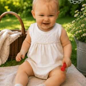 "Little Zala Flower" gauze bodysuit, white