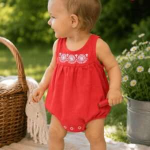 "Little Zala Flower" gauze bodysuit, red-white